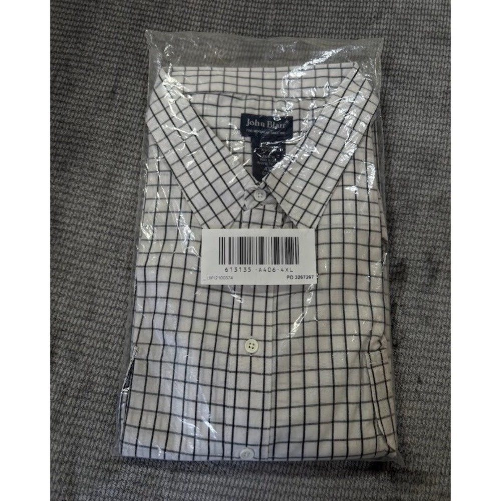 John Blair Mens 4XL Short Sleeve Button Up Shirt White Black Windowpane Check
